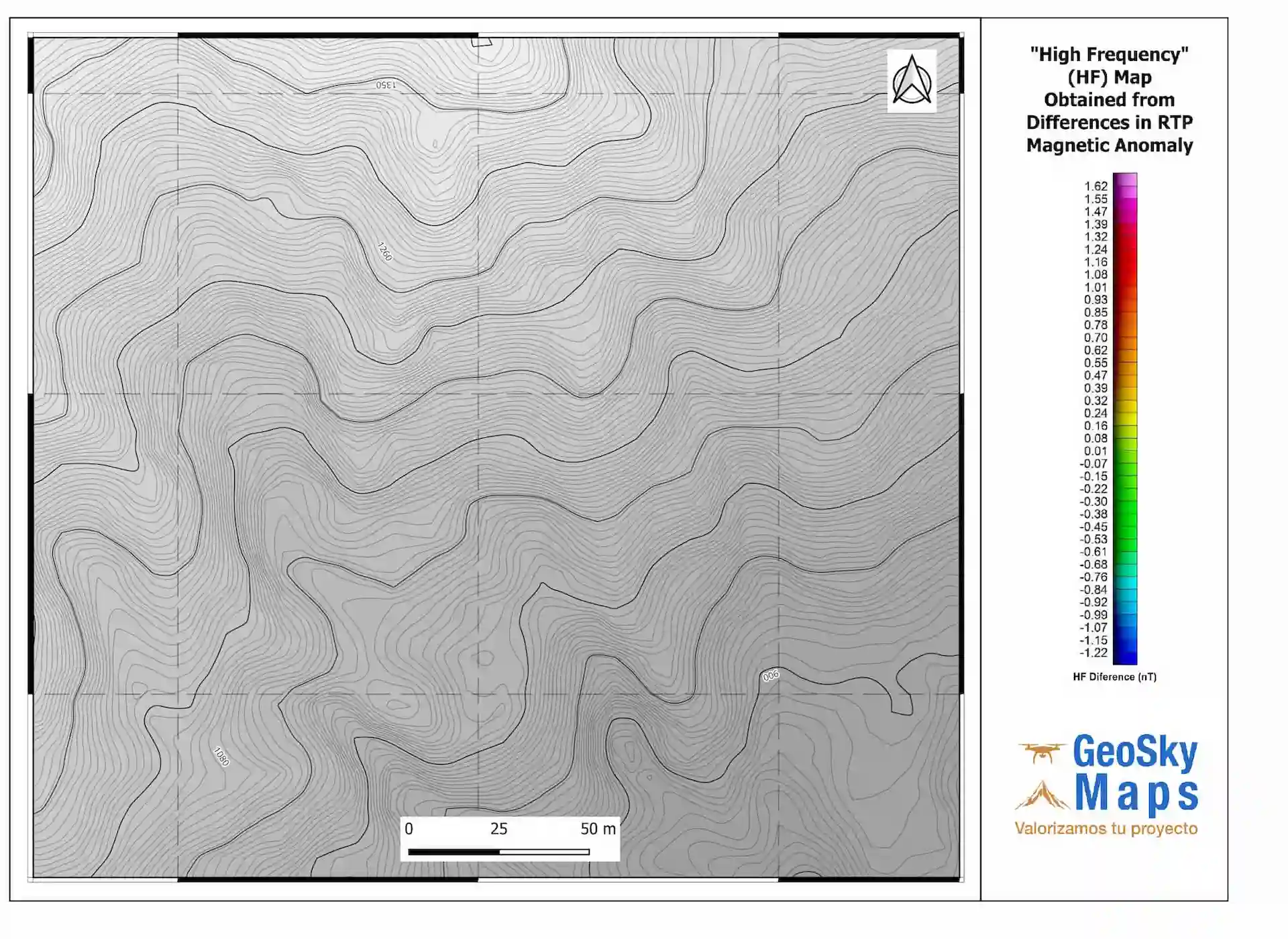 Mapa con Curvas de nivel en zona donde se realizó un relevamiento magnetométrico