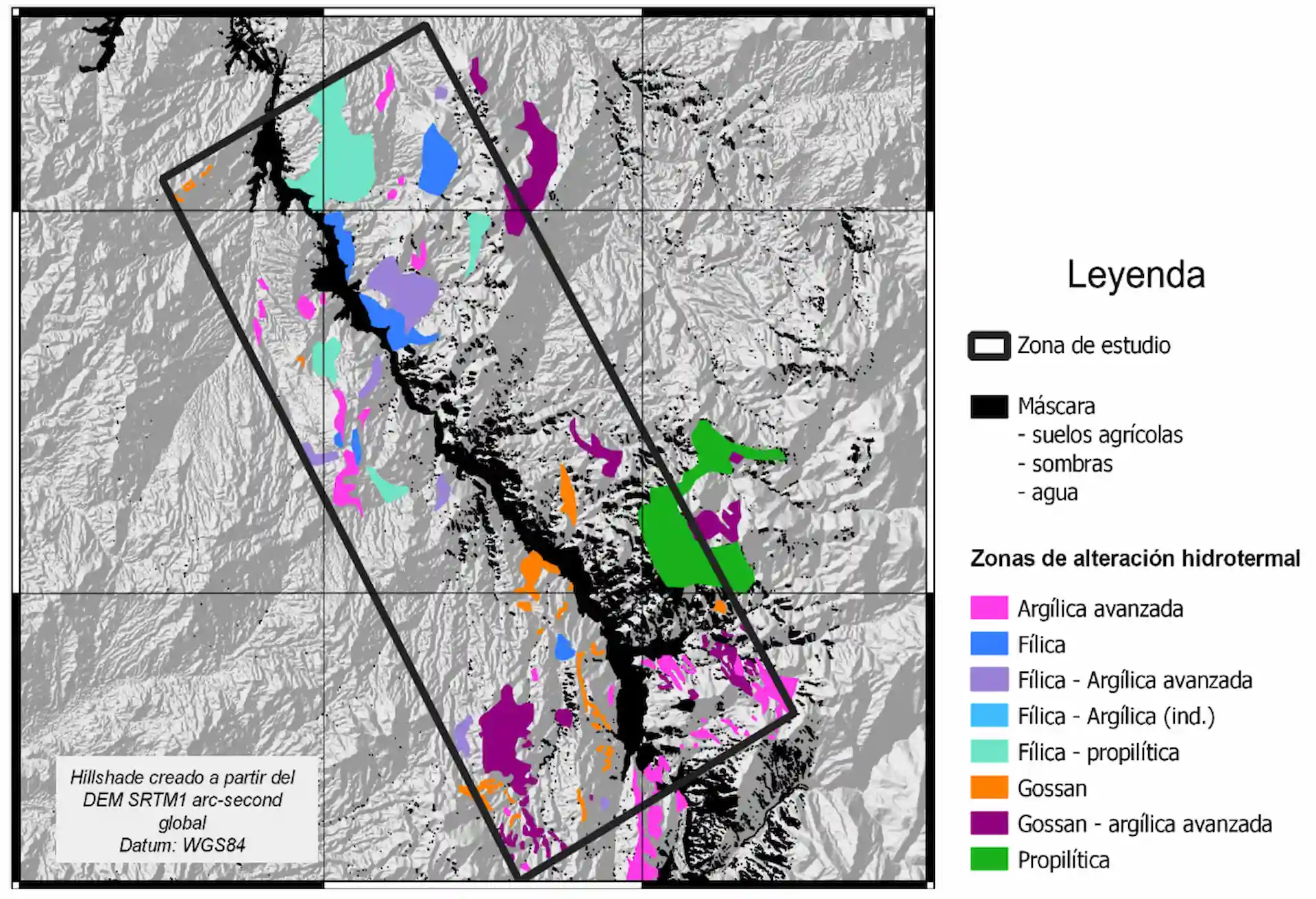 Mapa que muestra zonas de alteración hidrotermal, obtenidas y resaltadas mediante relevamientos multiespectrales.